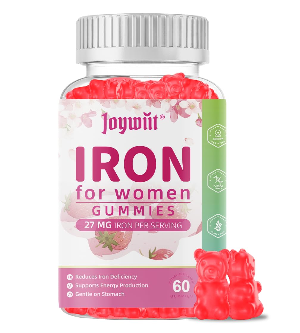 Joywiit Iron Gummies bottle front highlights strawberry flavor and energy support.