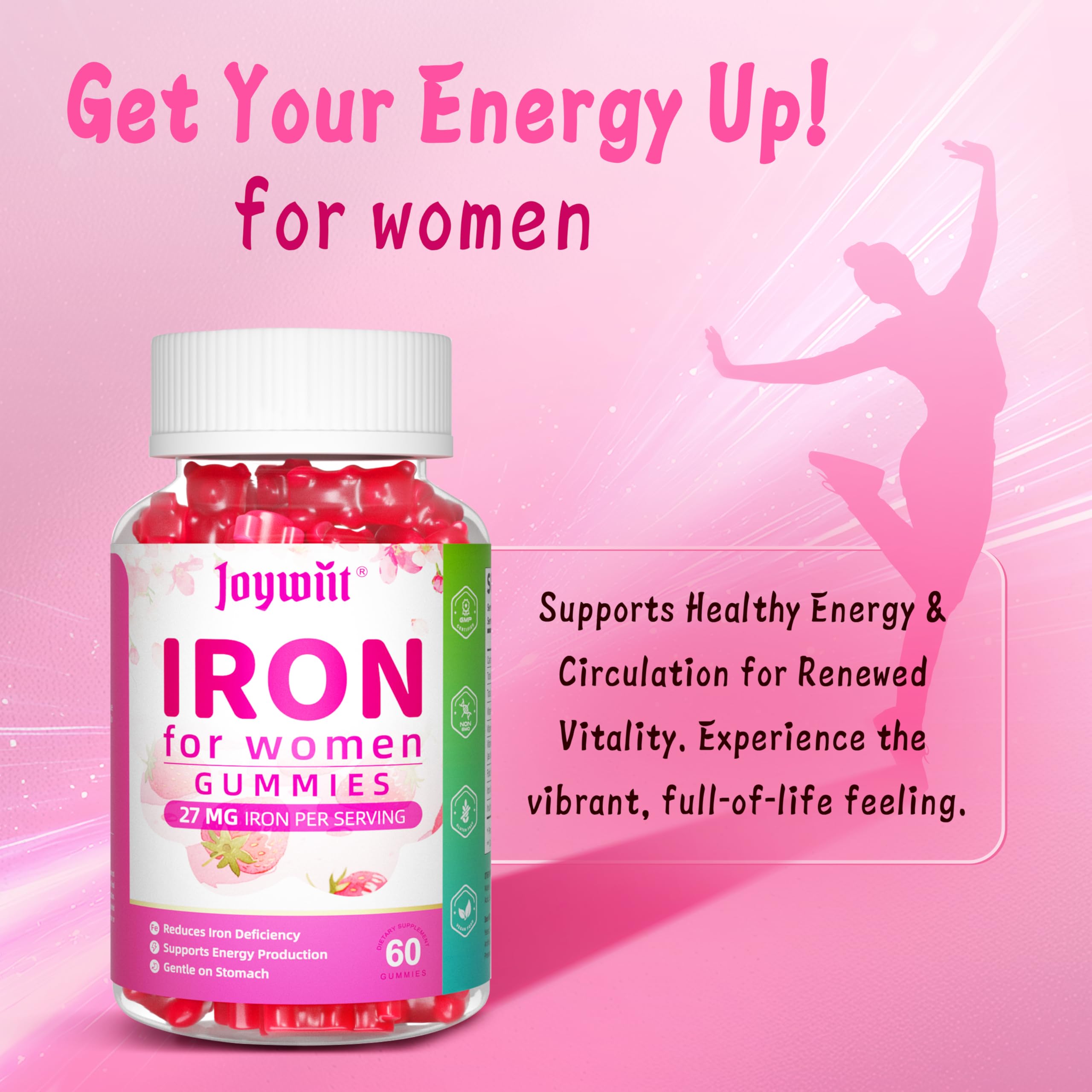 Joywiit Iron Gummies vegan-label emphasizes plant-based, sugar-free formulation.