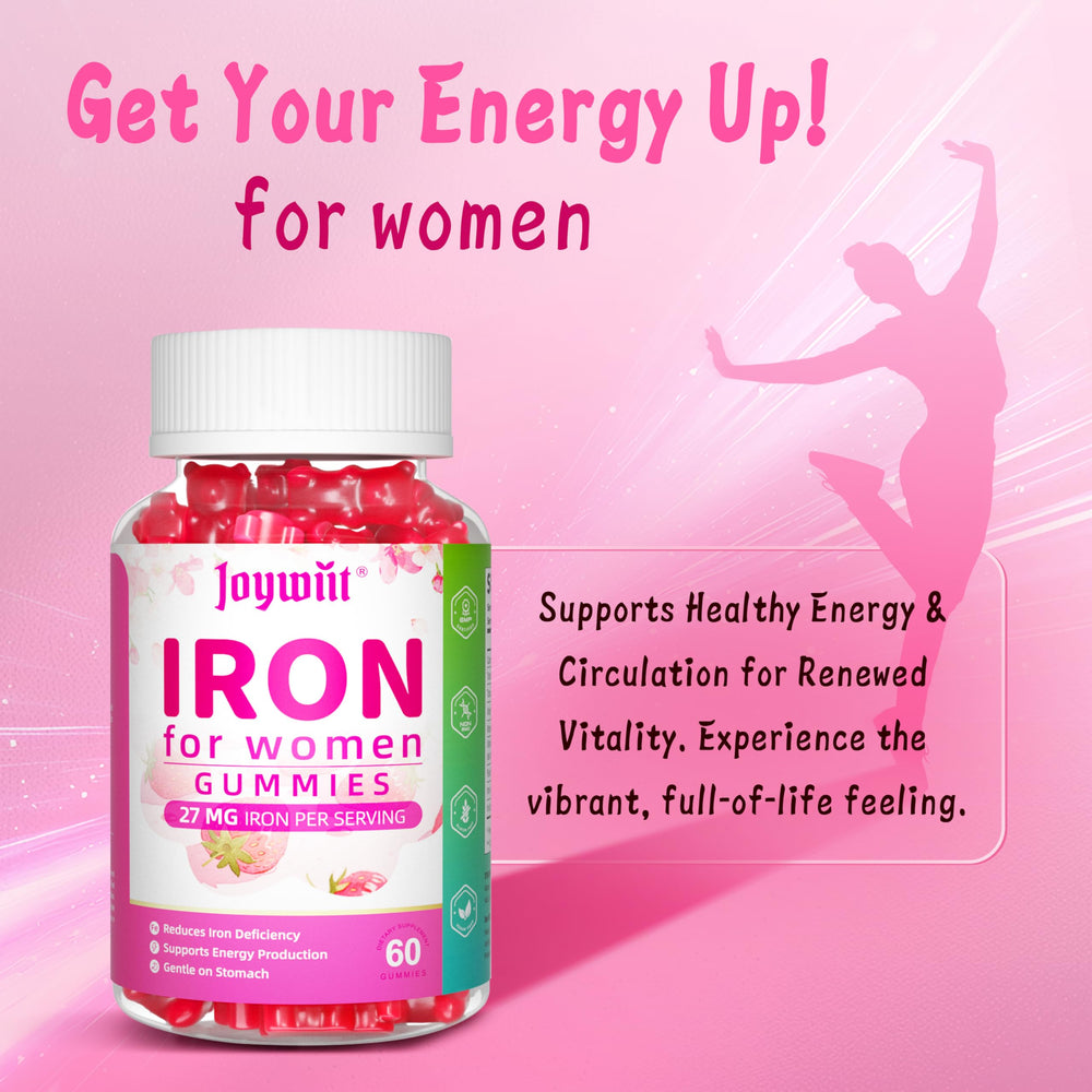 Joywiit Iron Gummies vegan-label emphasizes plant-based, sugar-free formulation.