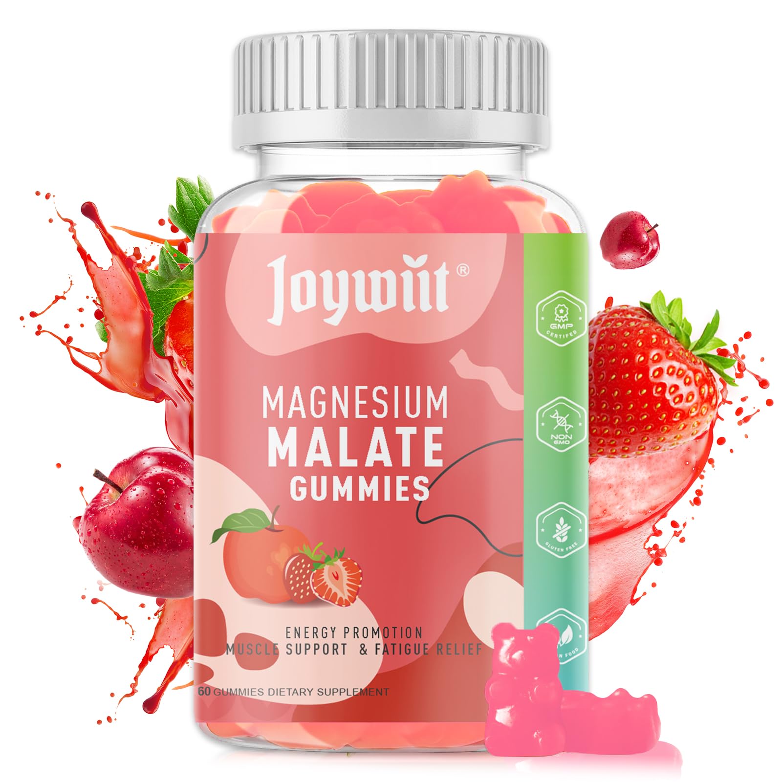 Joywiit Magnesium Malate Gummies bottle highlighting 1000mg per serving for muscle support.