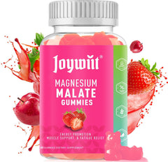 Joywiit Magnesium Malate Gummies bottle shows strawberry flavor for daily energy support