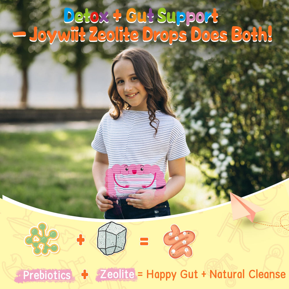 Joywiit Zeolite Detox for Kids bottle on table conveys compact daily wellness.