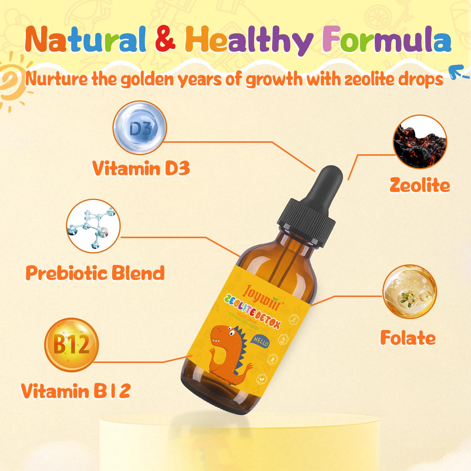 Joywiit Zeolite Detox for Kids drops dispense shows prebiotic support for gut health.