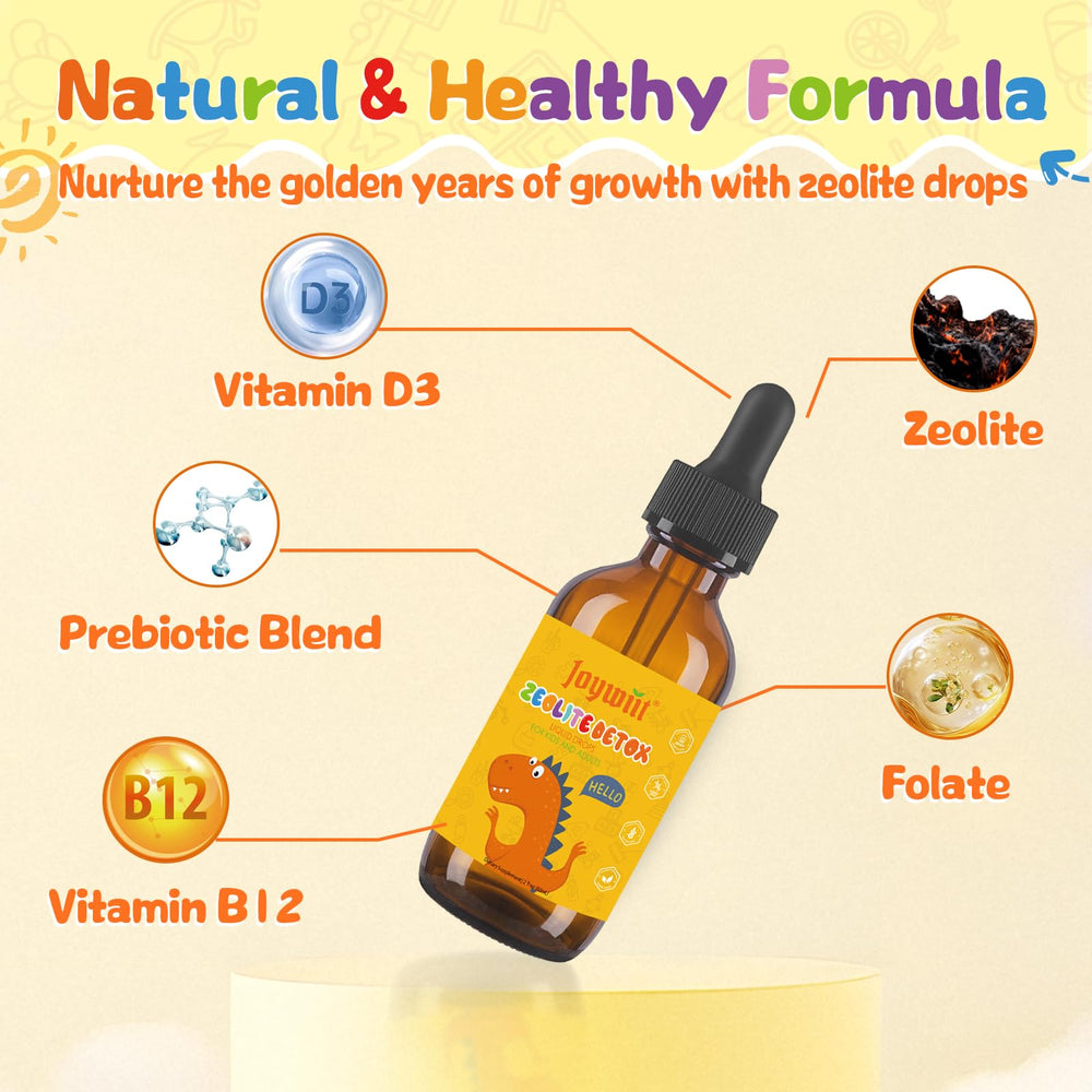 Joywiit Zeolite Detox for Kids drops dispense shows prebiotic support for gut health.