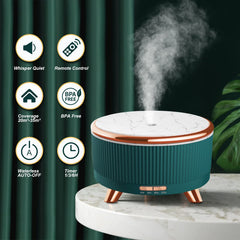 Jpord diffuser remote control enables easy mist and light adjustments.