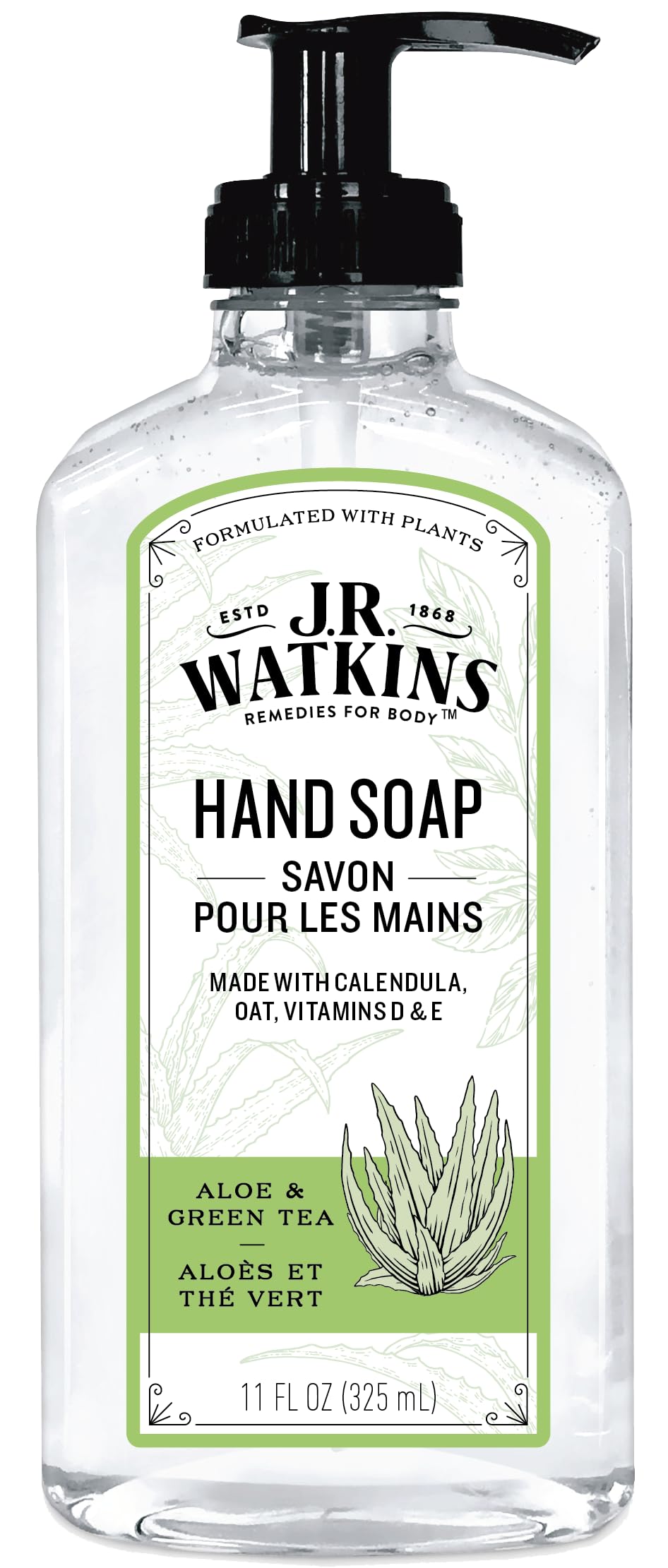 J.R. Watkins Aloe & Green Tea gel hand soap bottle for gentle cleansing.