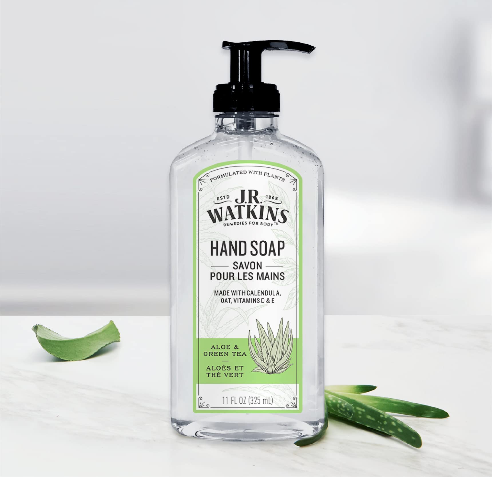 USA-made stamp on the J.R. Watkins hand soap bottle.