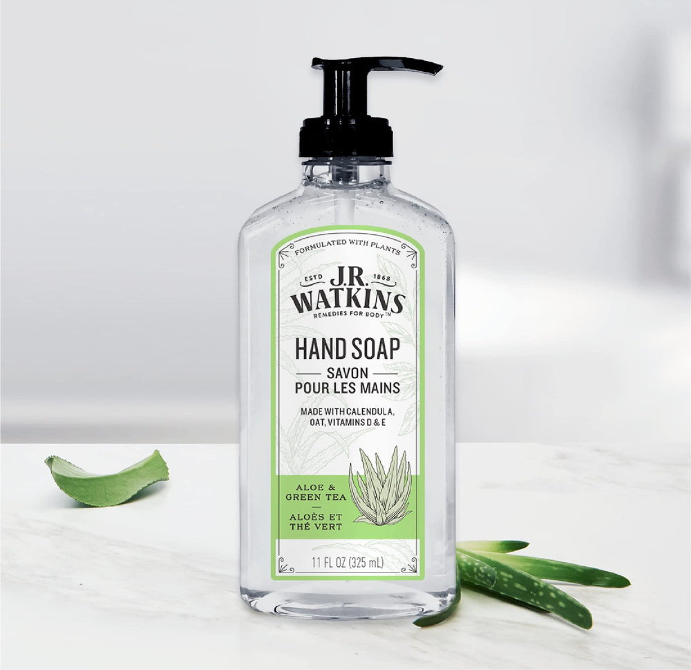 USA-made stamp on the J.R. Watkins hand soap bottle.