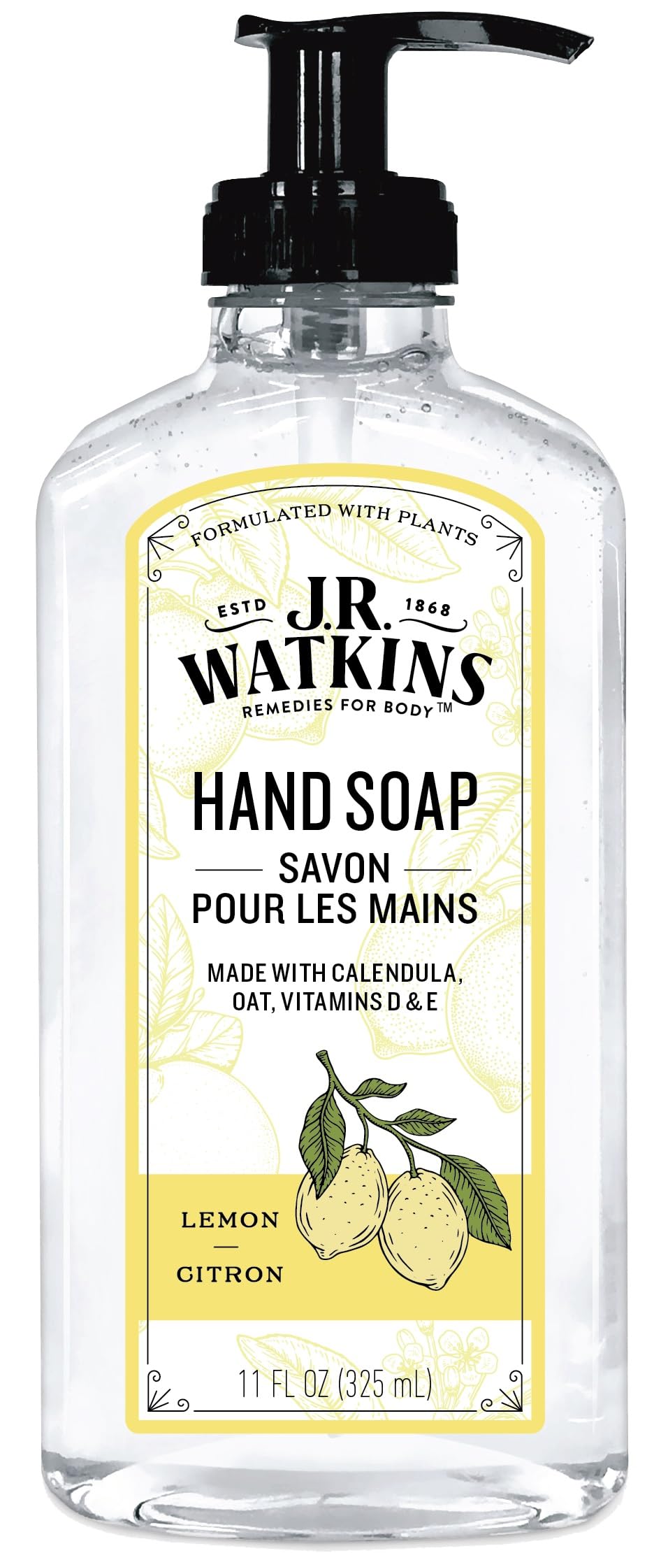 JR Watkins Lemon Hand Soap bottle with bright lemon scent for soft, clean hands.