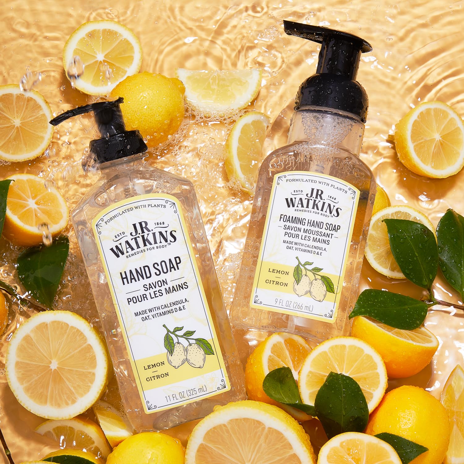 Ingredients panel for JR Watkins Lemon Hand Soap highlighting non-toxic formula.