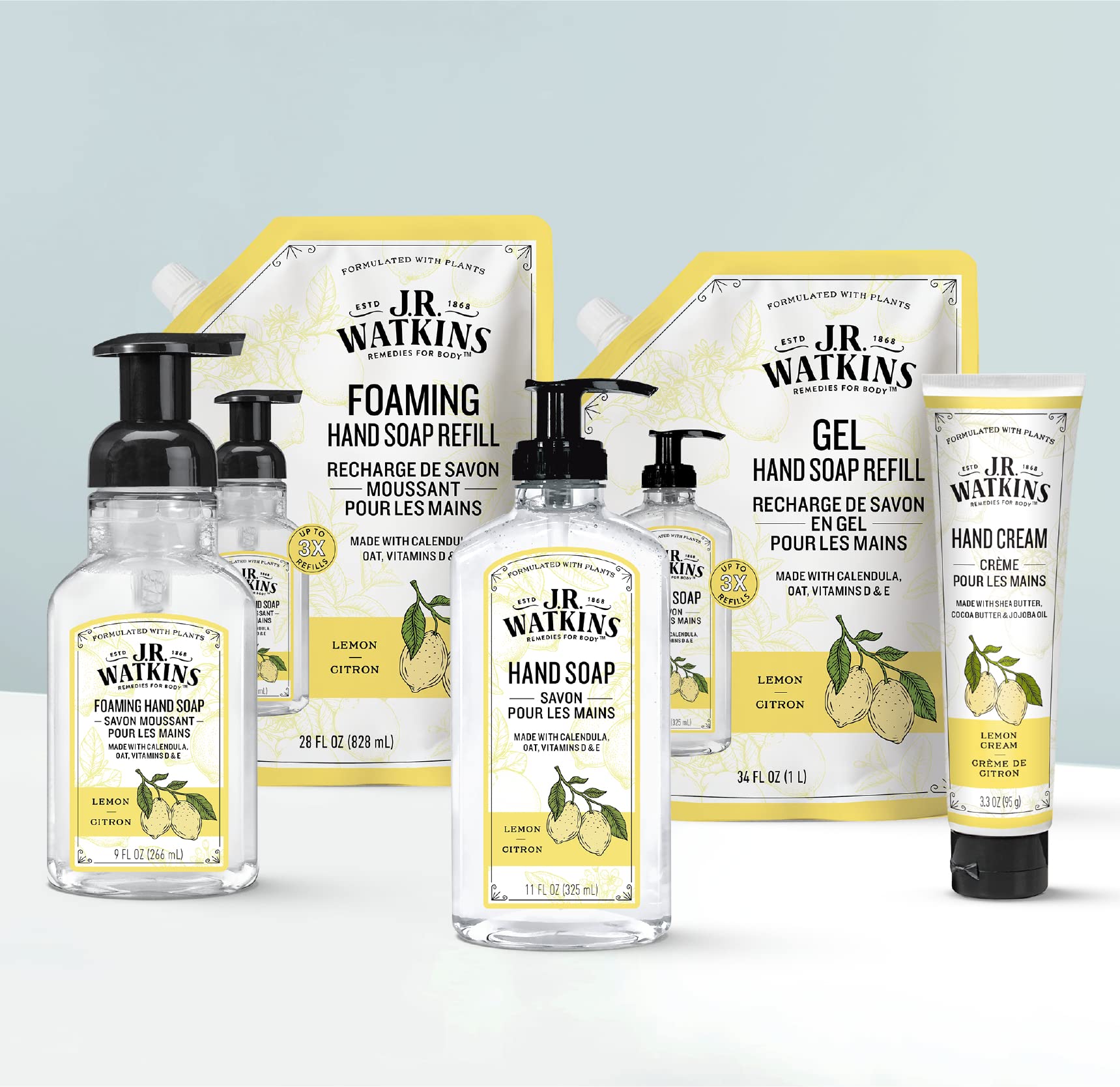 Lemon Hand Soap at kitchen sink by JR Watkins for quick cleaning.