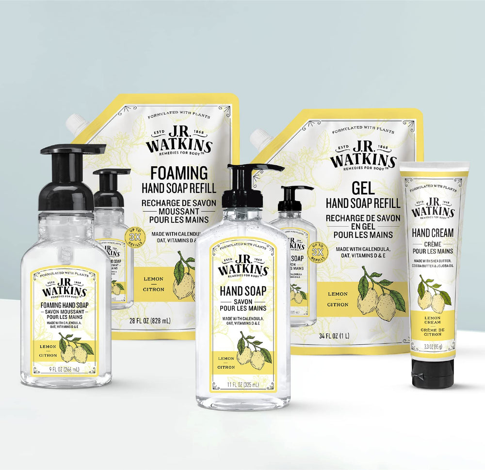 Lemon Hand Soap at kitchen sink by JR Watkins for quick cleaning.