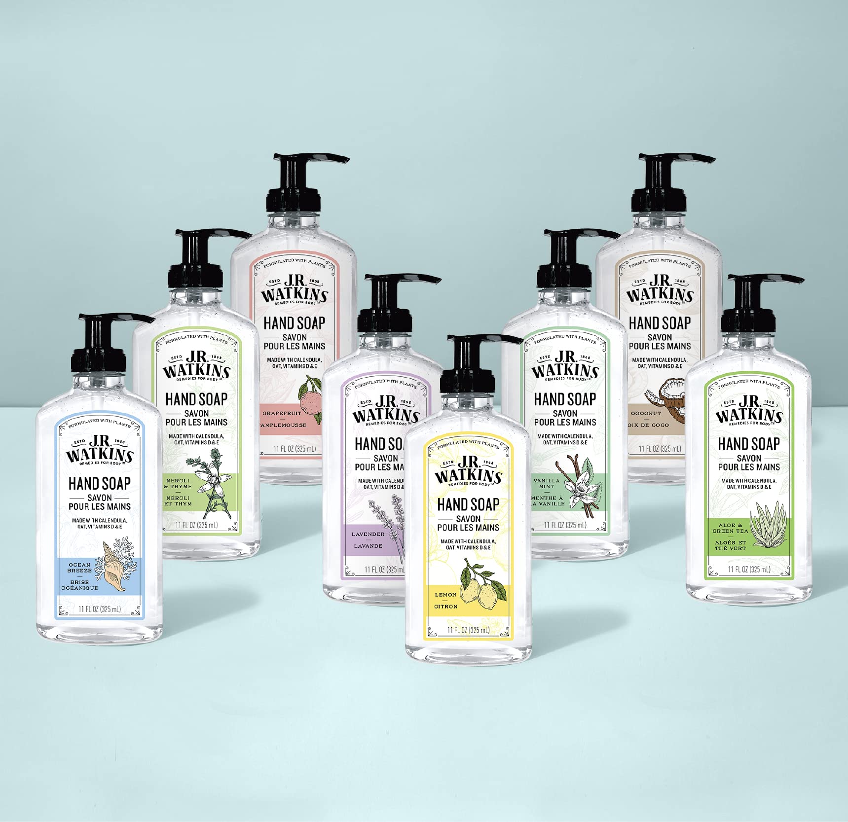Home shelf display of JR Watkins Lemon Hand Soap with branding.