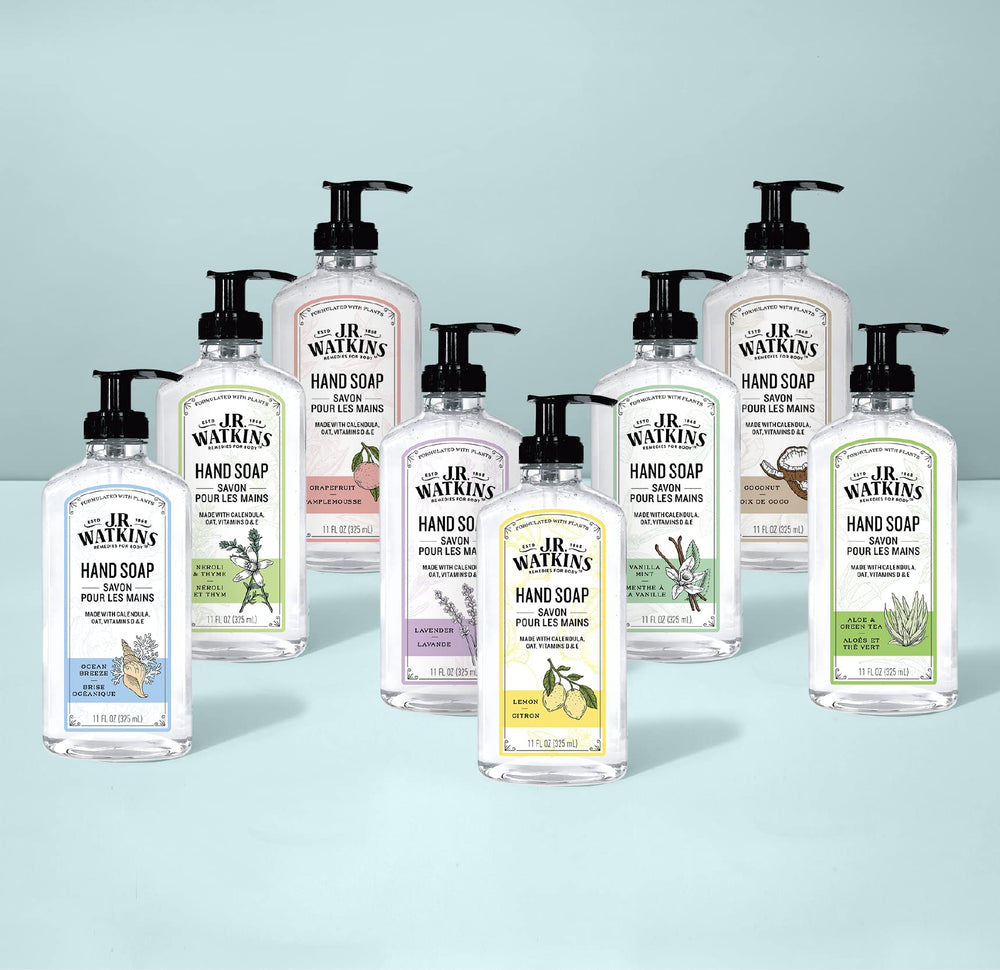 Home shelf display of JR Watkins Lemon Hand Soap with branding.