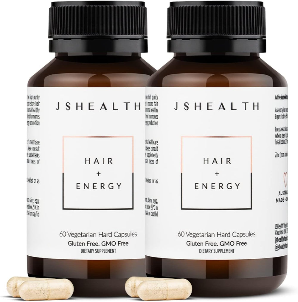 JSHealth Hair and Energy Formula bottle front shows two 60-capsule packs for hair support.