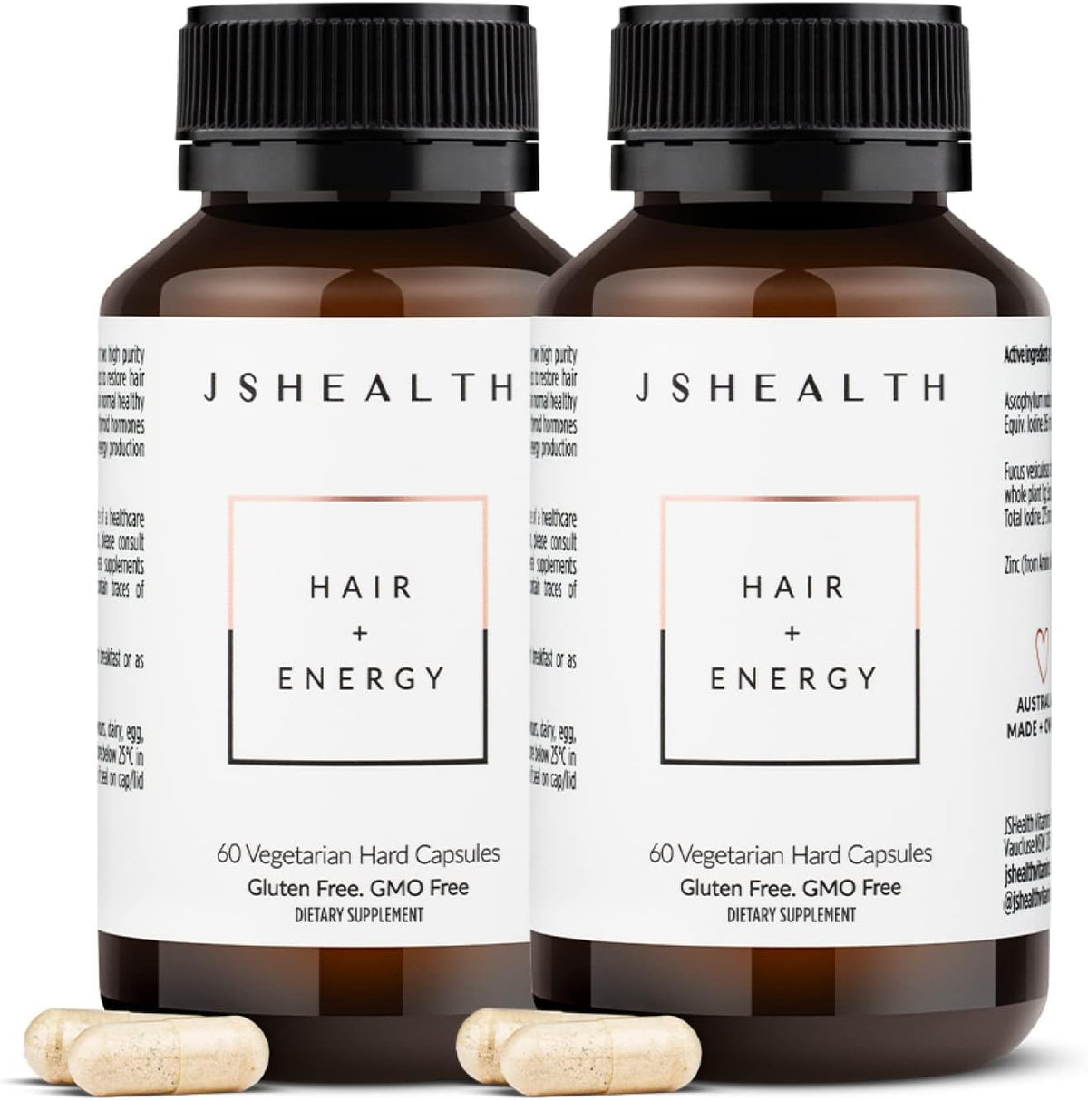 JSHealth Hair and Energy Formula bottle front shows two 60-capsule packs for hair support.