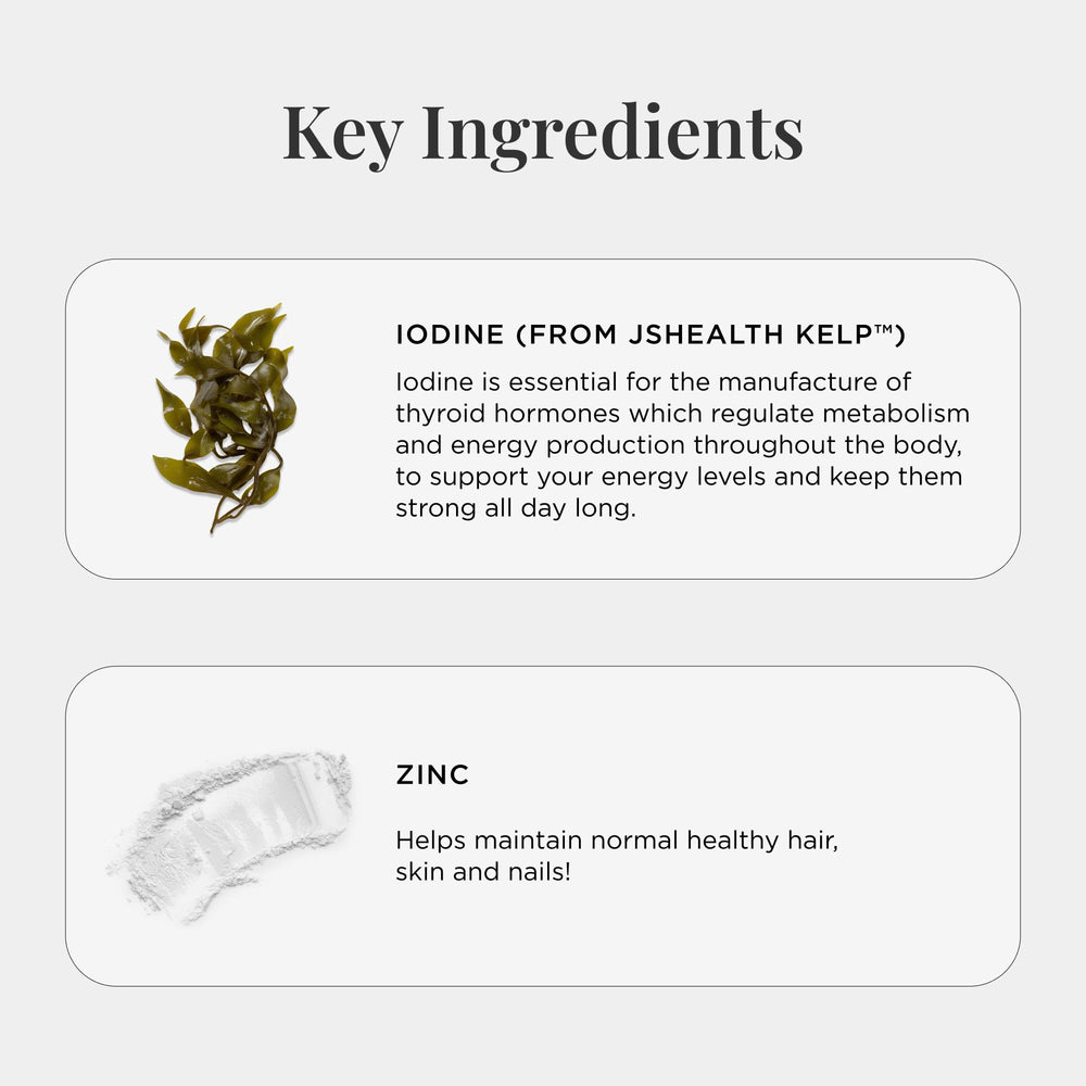 JSHealth formula label highlighting iodine and zinc for hair and skin support