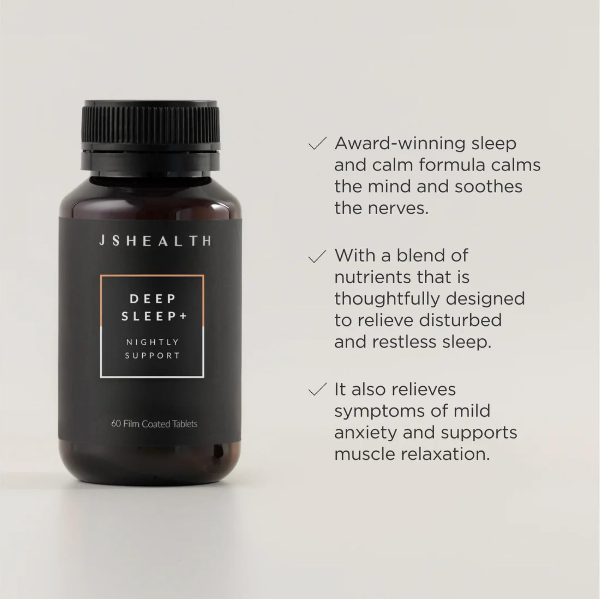JSHealth Sleep Aid tablets close-up highlighting magnesium blend for body relaxation