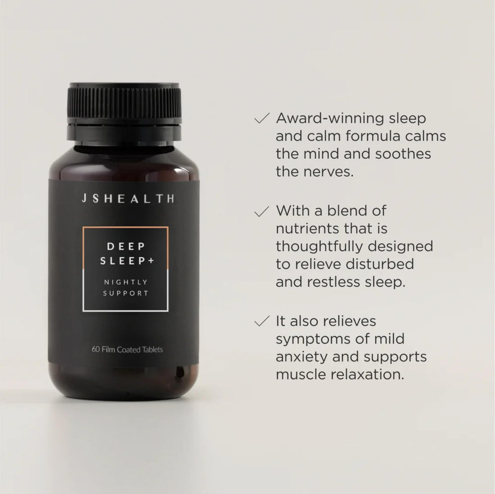 JSHealth Sleep Aid tablets close-up highlighting magnesium blend for body relaxation