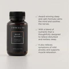 JSHealth Sleep Aid tablets close-up highlighting magnesium blend for body relaxation