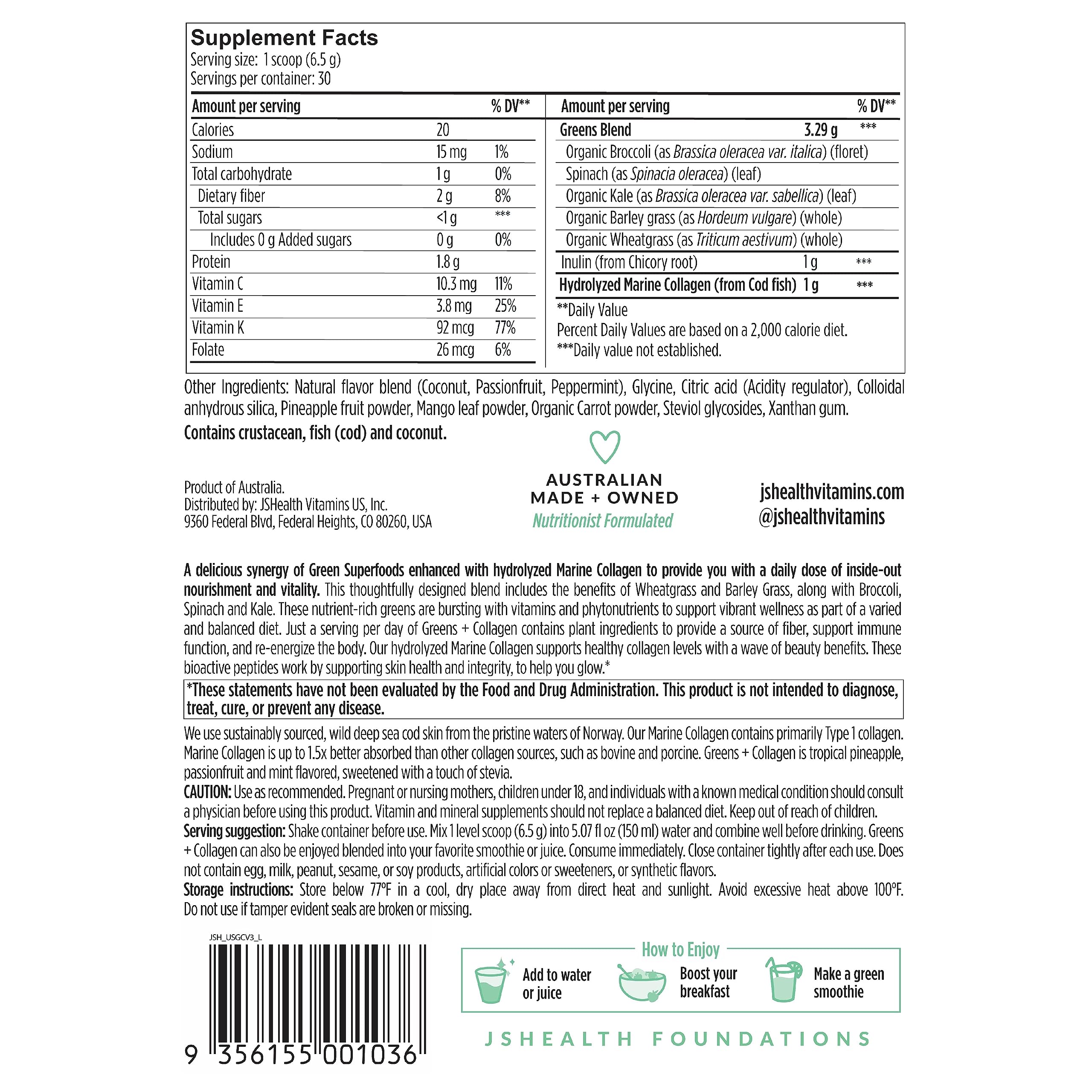 JSHealth Super Greens Powder canister on shelf for convenient wellness.