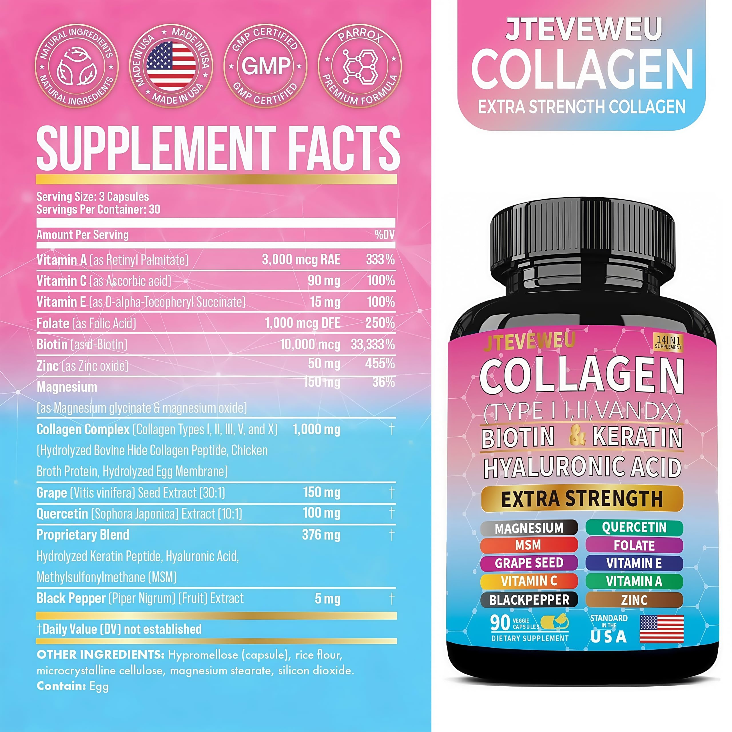JTEVEweu collagen bottle front showing premium ingredients.