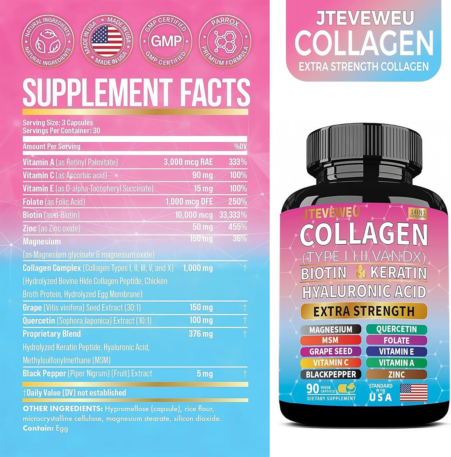 JTEVEweu collagen capsules close-up showing a smooth, easy-to-swallow texture