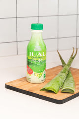 JUAL Aloe Vera Juice bottle front shows organic label and zero sugar.