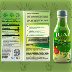 JUAL Aloe Vera Juice bottle pouring into a glass for a refreshing moment.