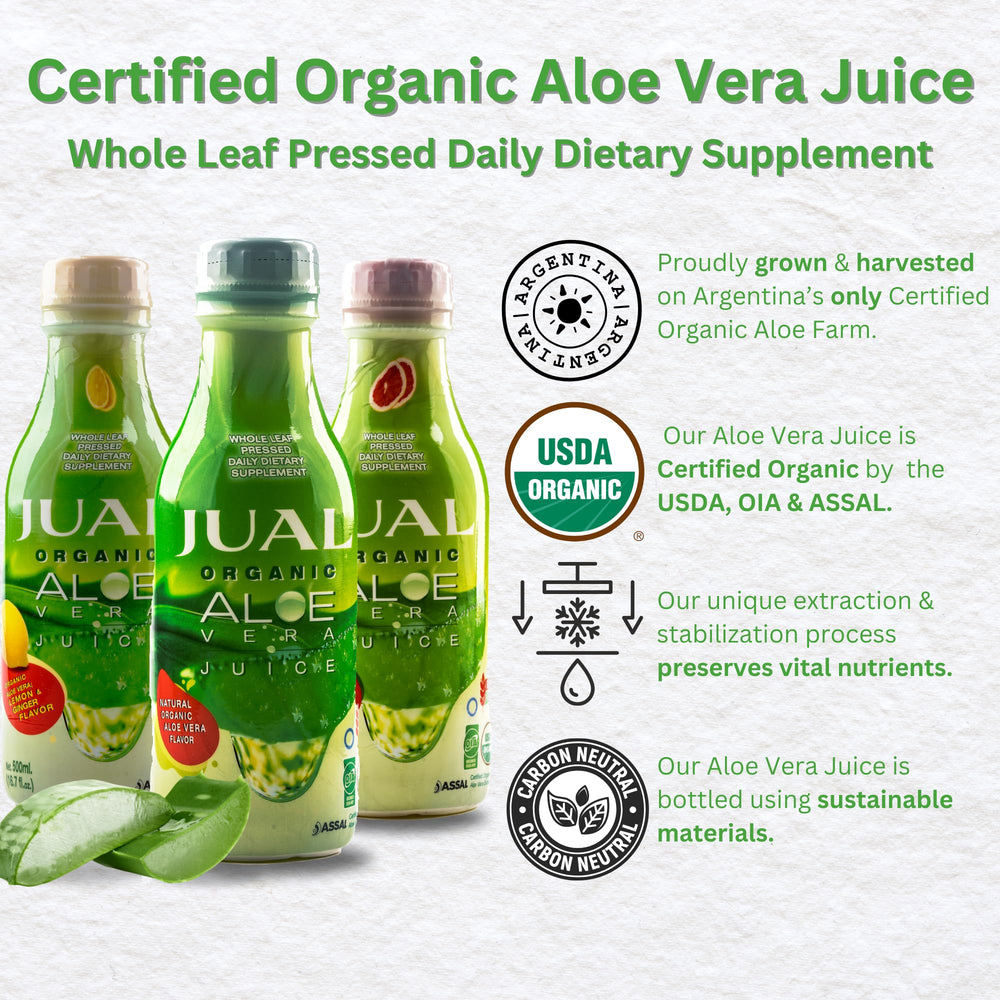 JUAL Aloe Vera Juice label closeup highlights organic sourcing.