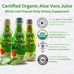 JUAL Aloe Vera Juice label closeup highlights organic sourcing.