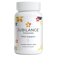 Jubilance PMS Support bottle close-up highlighting vegan, hormone-free mood support.