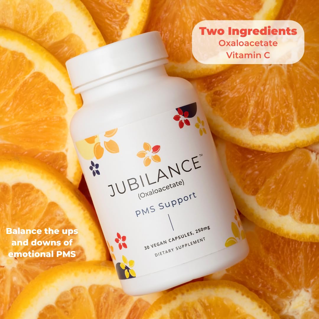 Jubilance PMS Support label close-up shows ingredients and vegan, non-GMO promise.