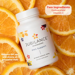 Jubilance PMS Support label close-up shows ingredients and vegan, non-GMO promise.