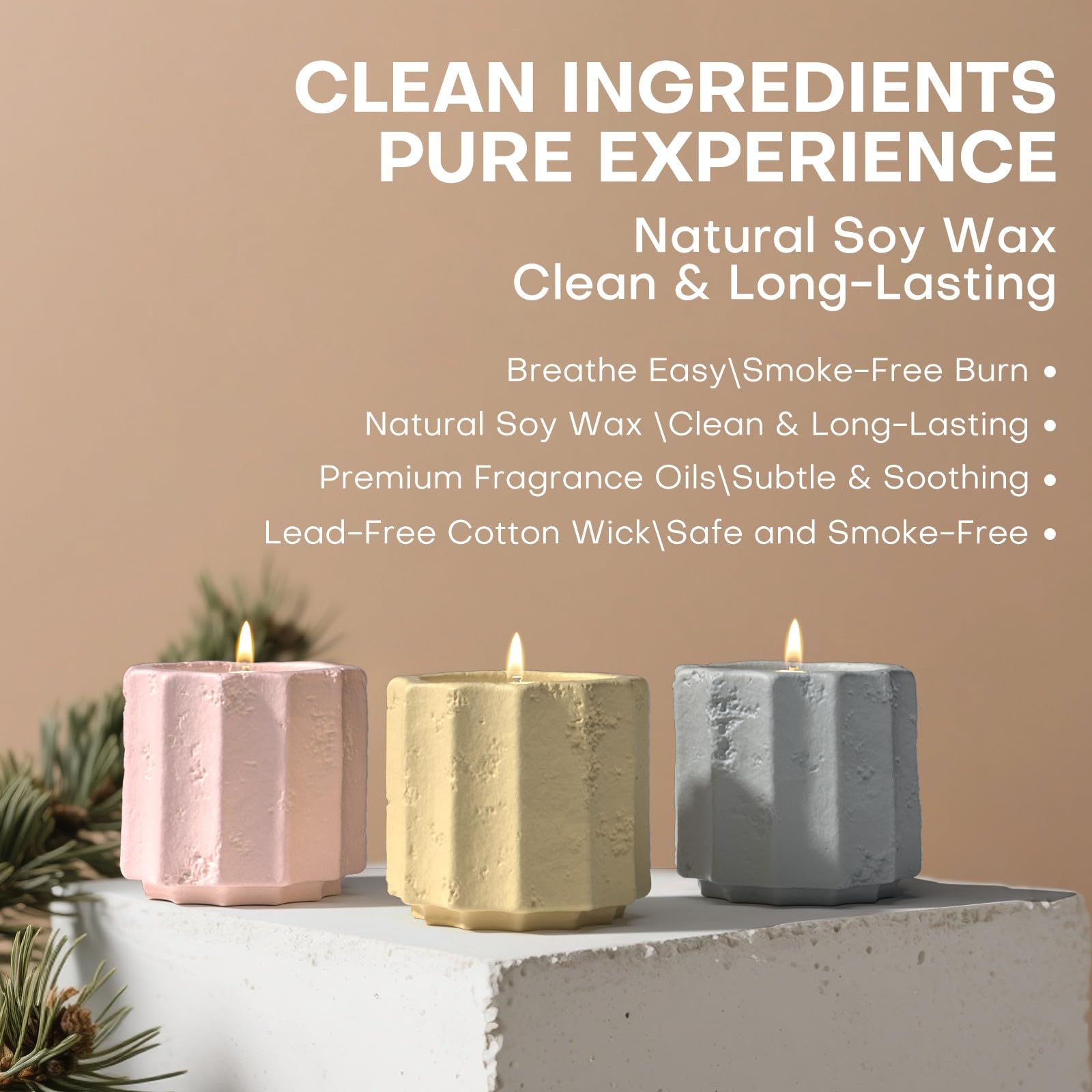 Natural soy wax candle provides clean, long-lasting scent.
