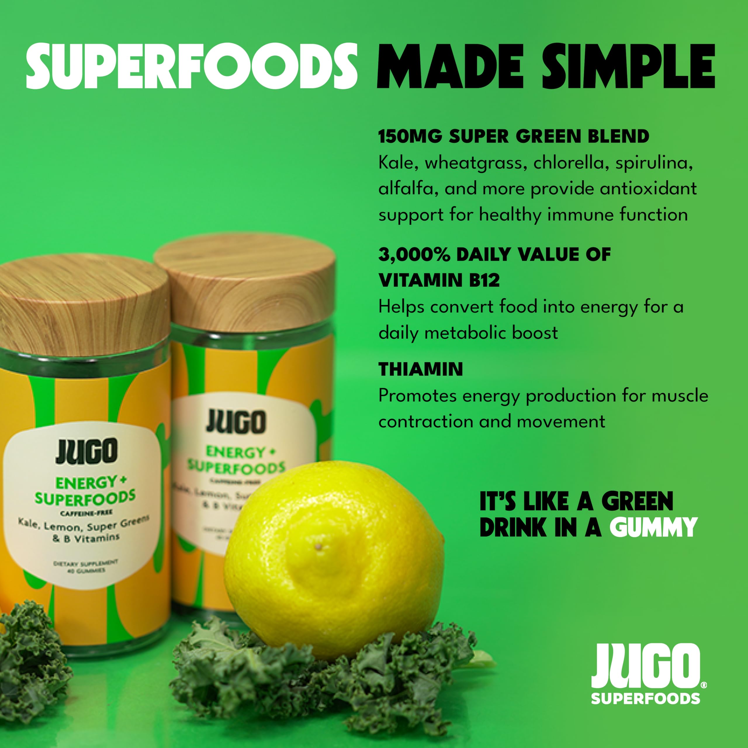 JUGO B12 gummies label highlights vegan gluten-free ingredients for clean nutrition