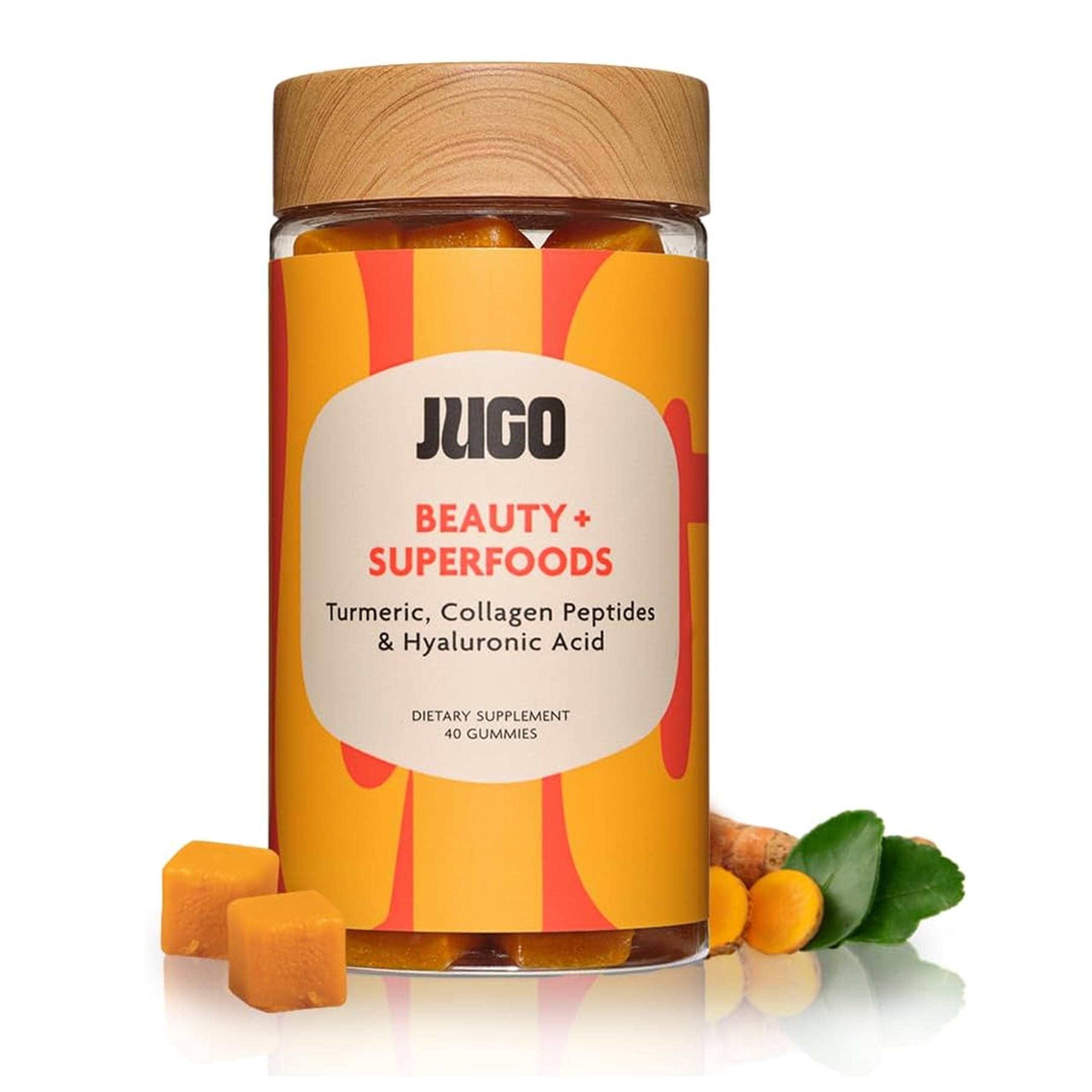 JUGO Beauty + Superfoods gummies bottle shows collagen and biotin blend for hair and skin.