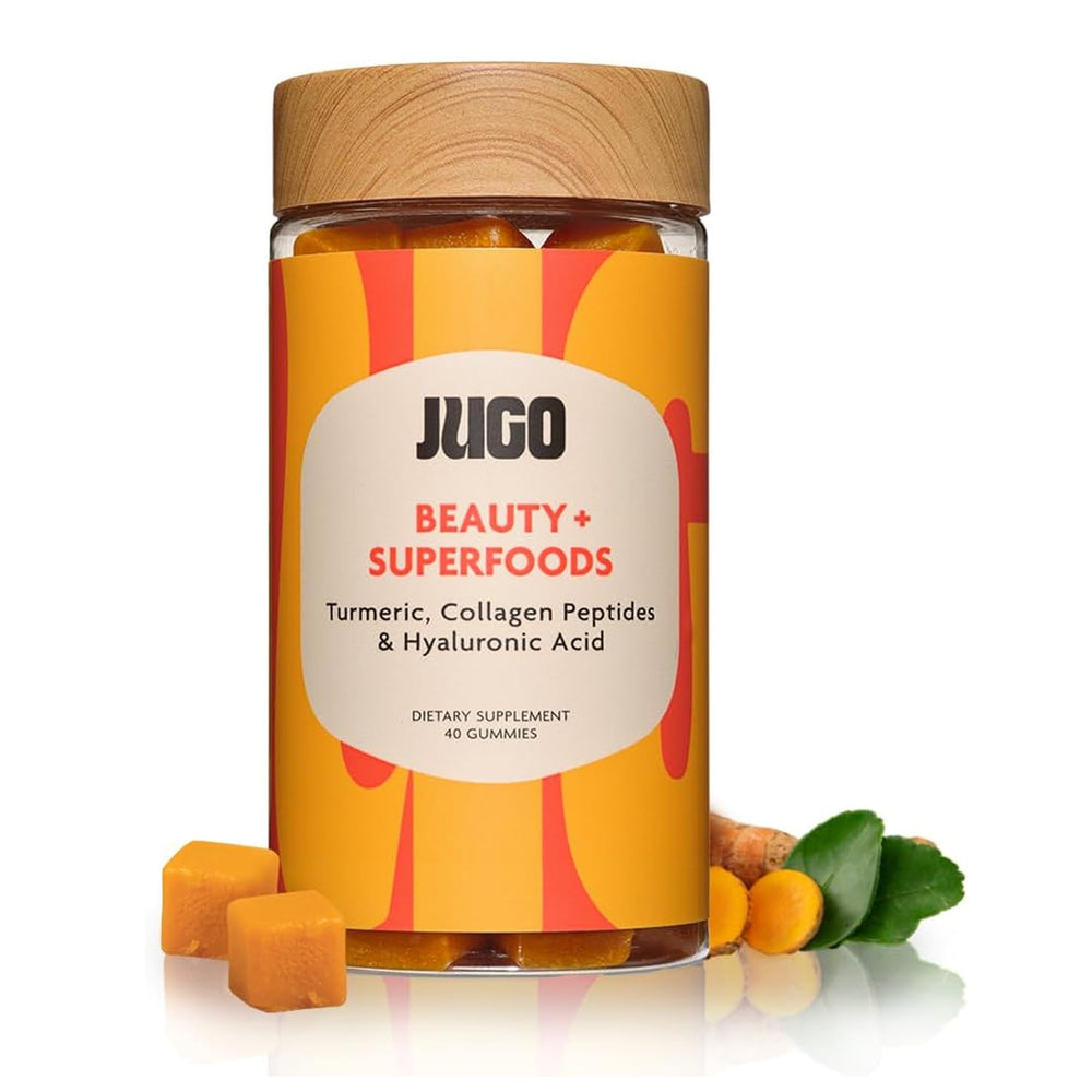 JUGO Beauty + Superfoods gummies bottle shows collagen and biotin blend for hair and skin.