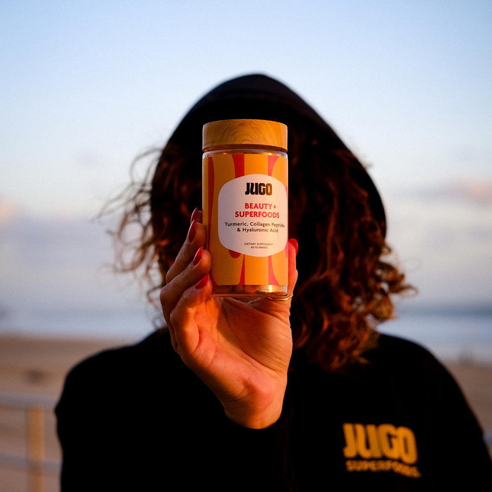 JUGO turmeric label suggests antioxidant-rich formula for overall wellness.