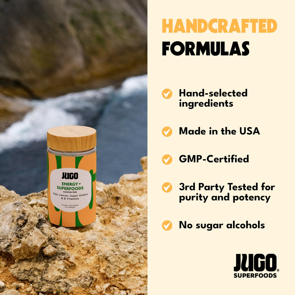 JUGO energy gummies in a glass bottle, caffeine-free pre-workout option
