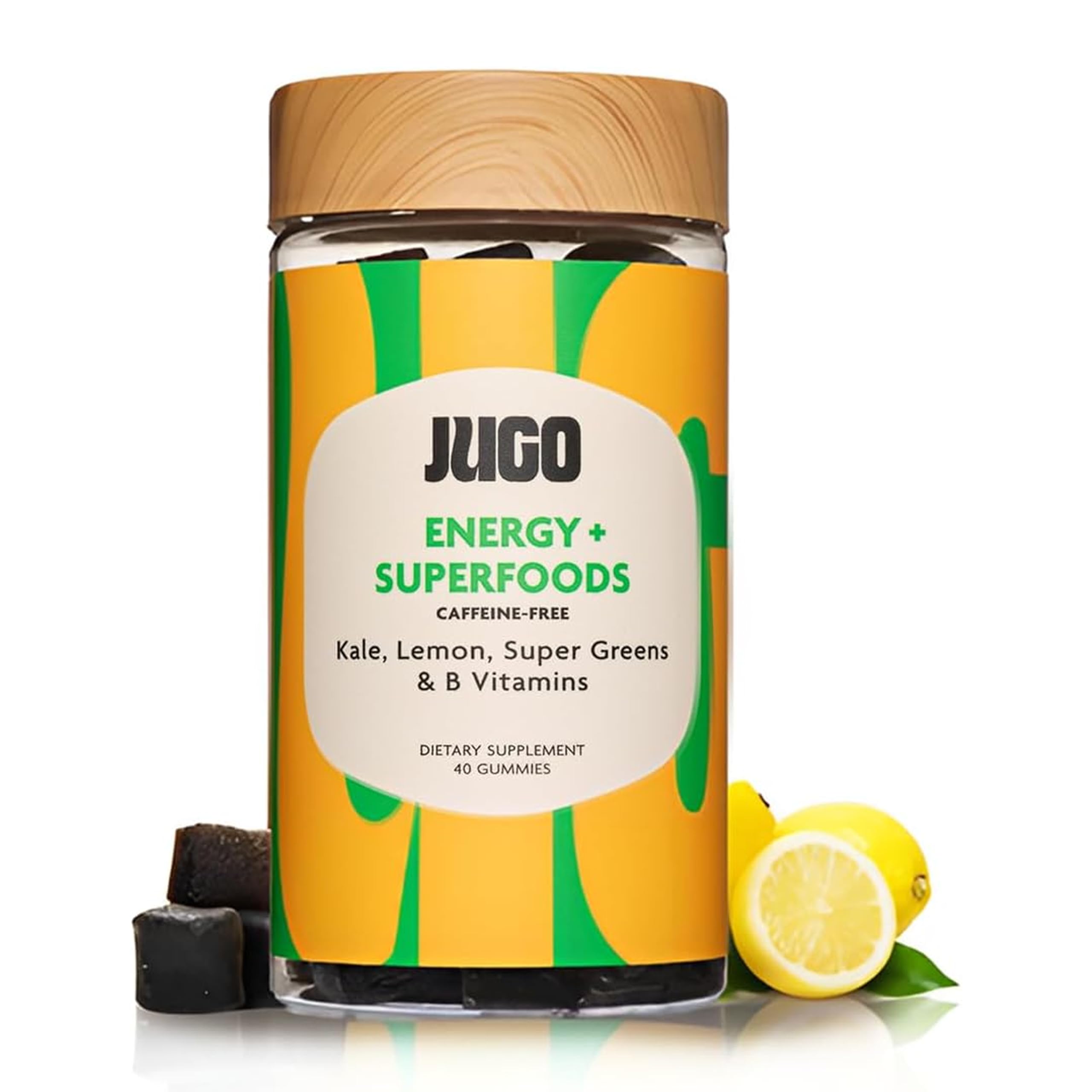 JUGO Energy + SUPERGREENS gummies in bottle show natural greens for steady energy