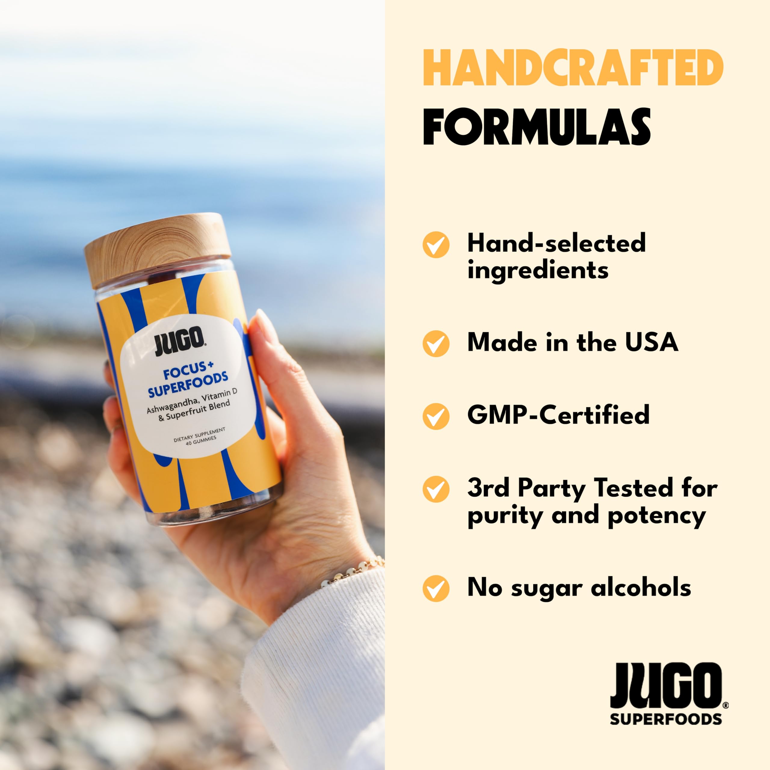 JUGO Vegetarian gummies in jar indicate gelatin-free formula