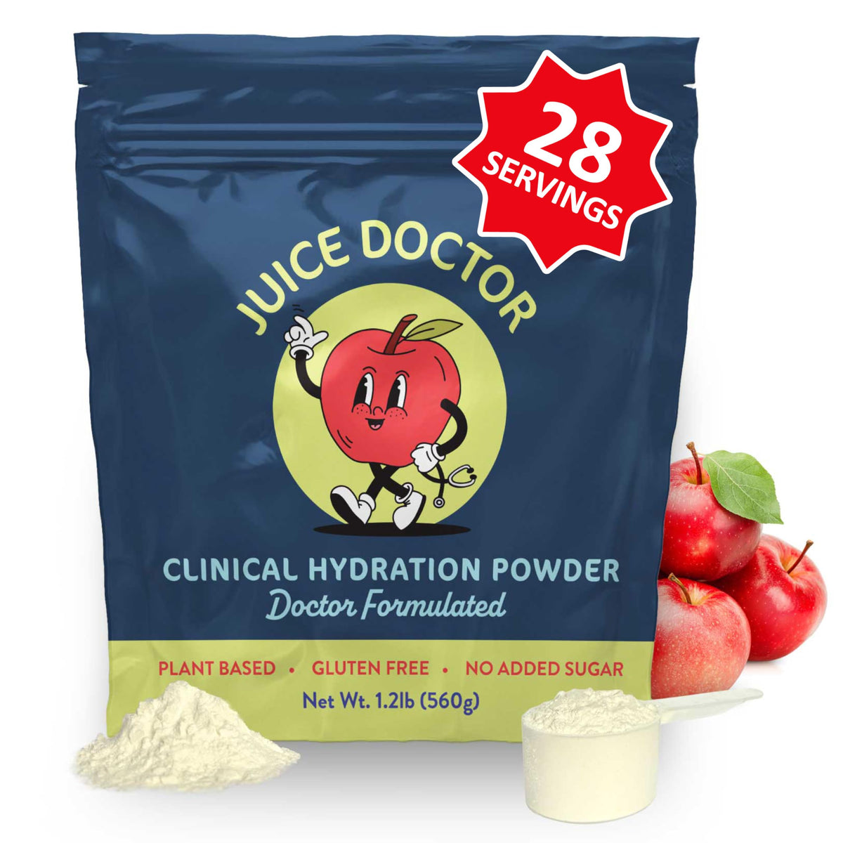Juice Doctor hydration powder with apple-juice dissolution for on-the-go hydration.