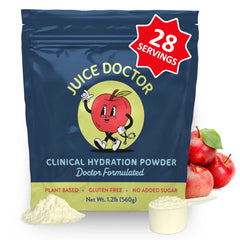 Juice Doctor hydration powder with apple-juice dissolution for on-the-go hydration.