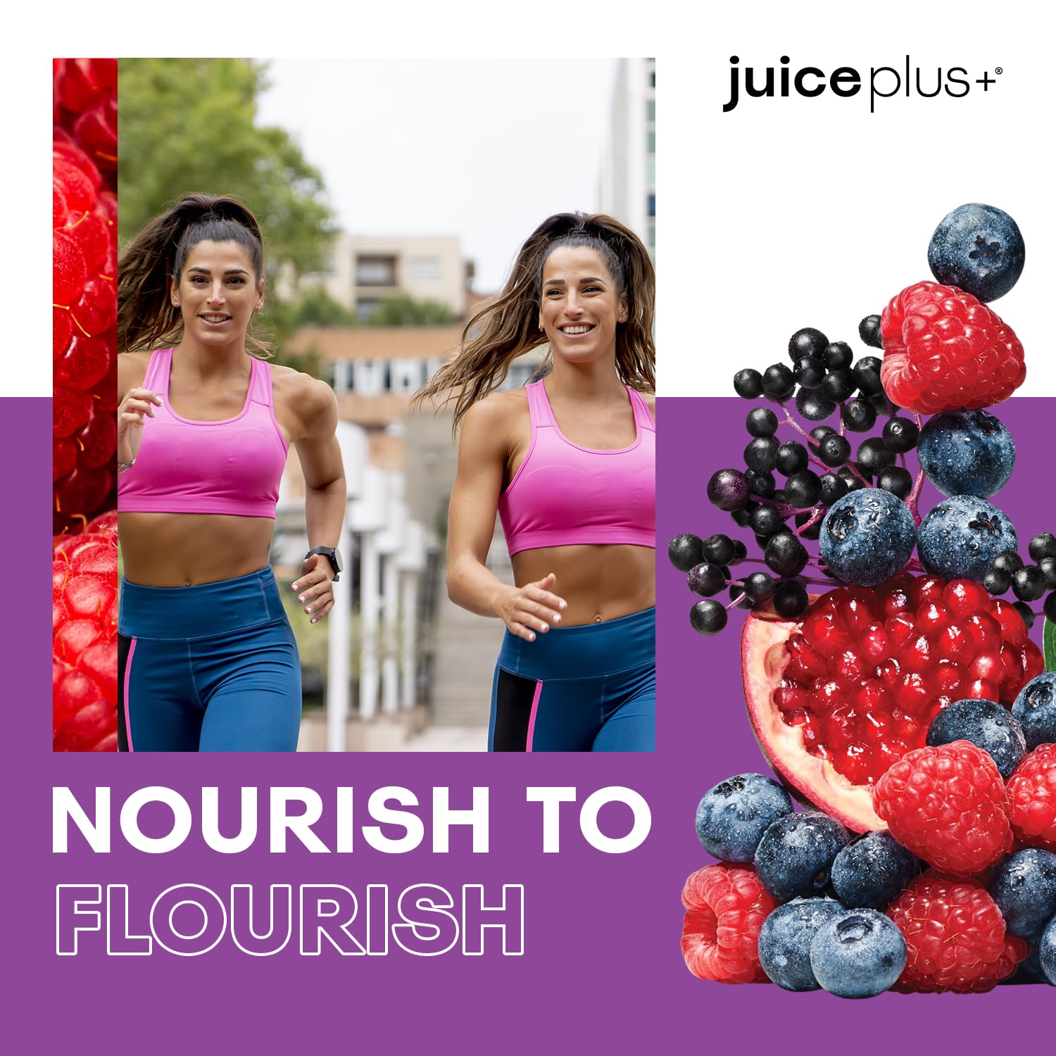 Juice Plus+ Berry Blend bottle back displays nutritional details and dietary attributes.