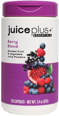 Juice Plus+ Berry Blend bottle front shows branding and berry-rich nutrition for daily wellness.