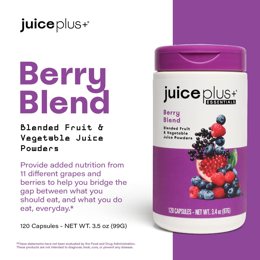 Juice Plus+ Berry Blend ingredients panel highlights natural fruit sources and vegan formula.