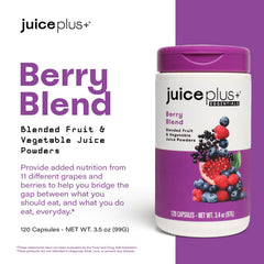 Juice Plus+ Berry Blend ingredients panel highlights natural fruit sources and vegan formula.