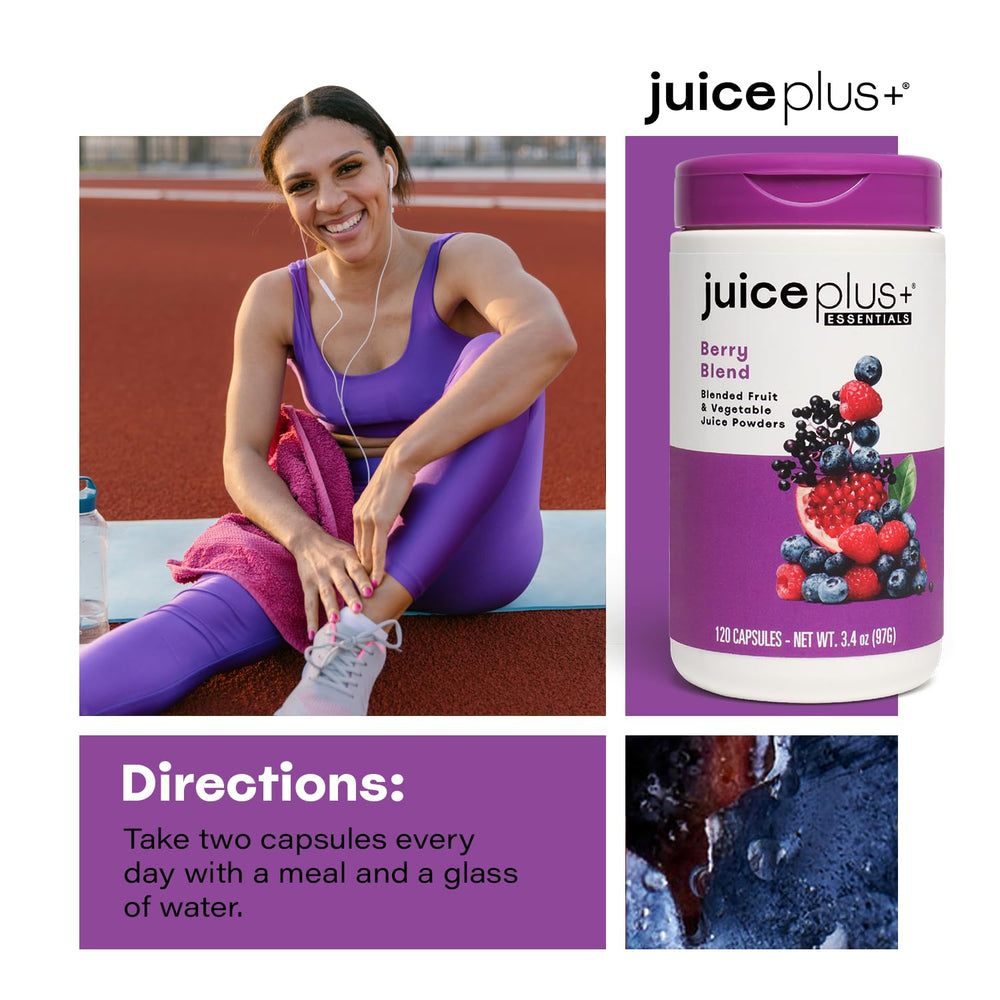 Juice Plus+ Berry Blend servings label confirms 60 servings per bottle.