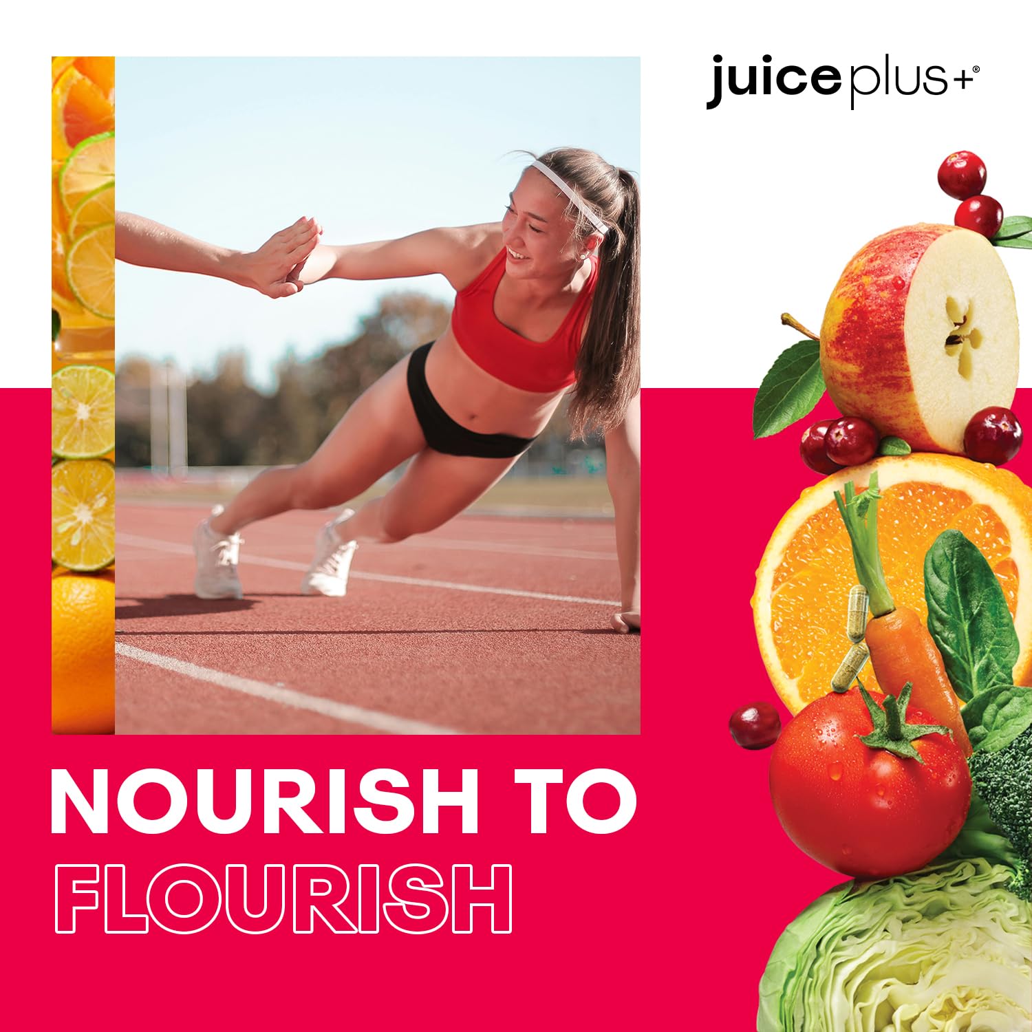 Juice Plus+ bottle with fresh fruits backdrop emphasizing broad nutritional support.